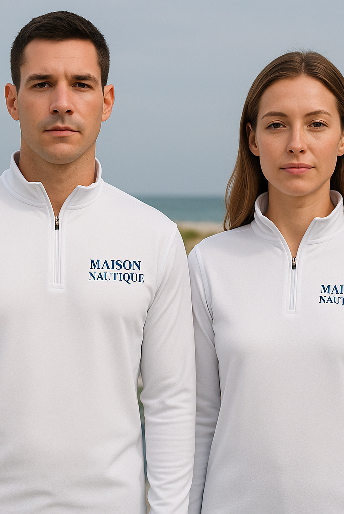 Maison Nautique Signature Coastal Quarter-Zip – White & Navy Edition, Unisex - Maison Nautique
