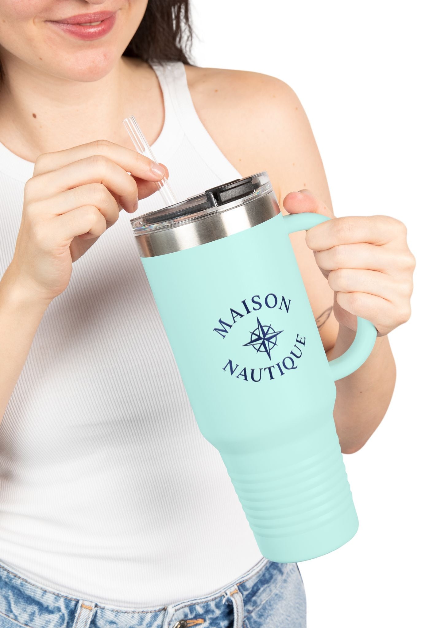 Maison Nautique 40 oz Compass Tumbler – White & Teal Edition - Maison Nautique
