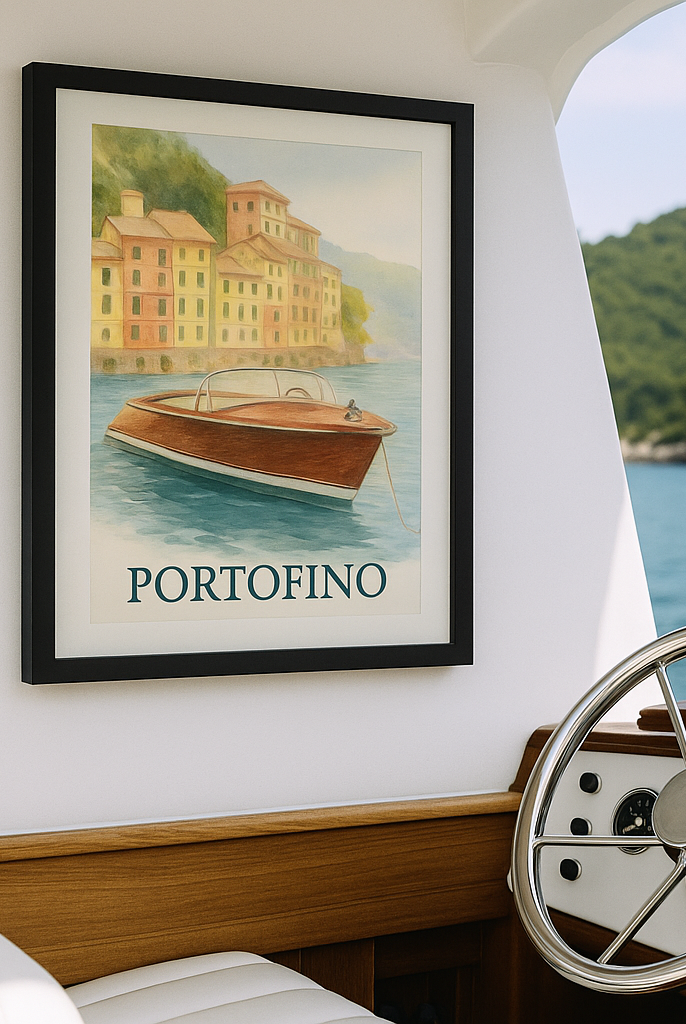 Portofino Dreams – Framed Vertical Poster | Vintage Boat Watercolor Wall Art - Maison Nautique
