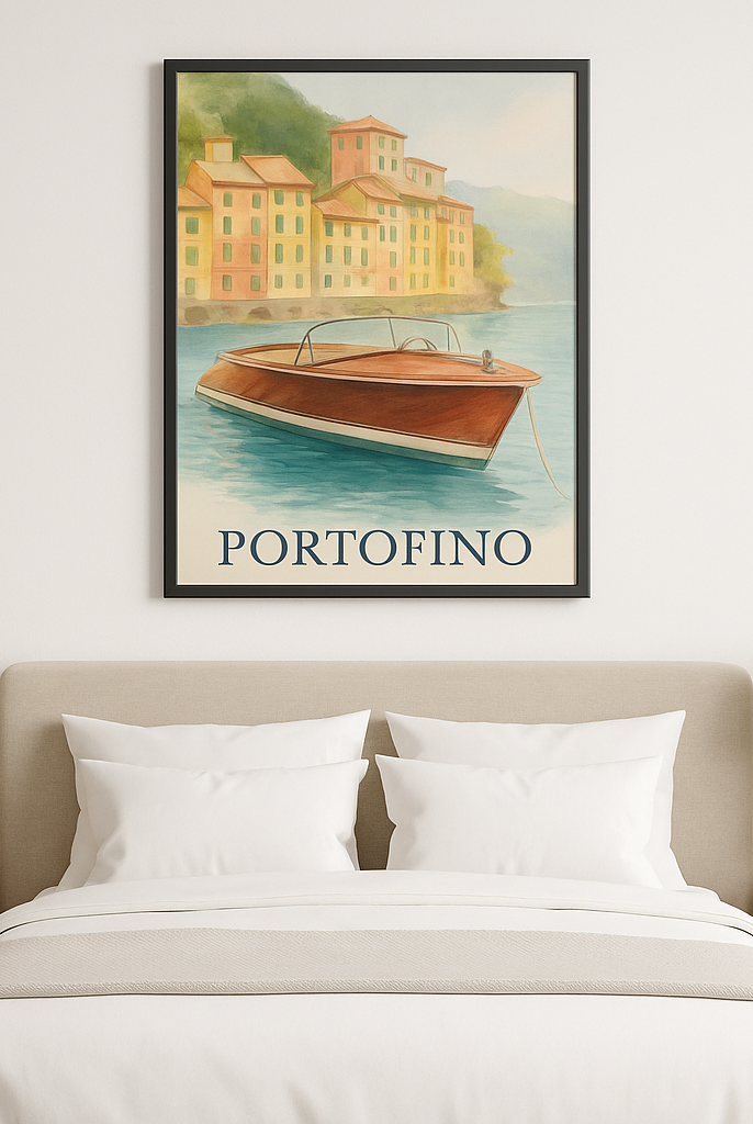 Portofino Dreams – Framed Vertical Poster | Vintage Boat Watercolor Wall Art - Maison Nautique