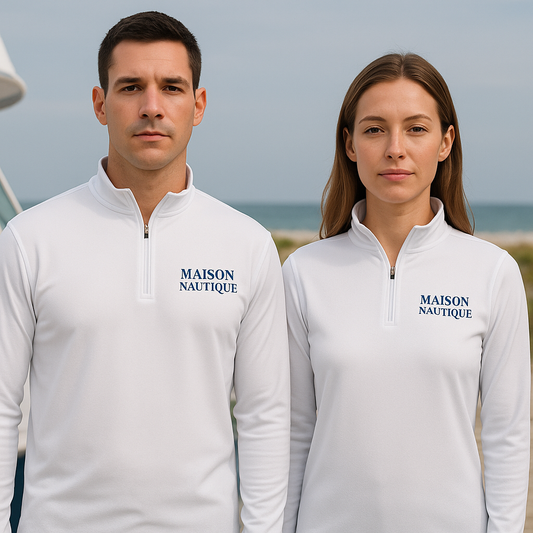 Maison Nautique Signature Coastal Quarter-Zip – White & Navy Edition, Unisex - Maison Nautique 