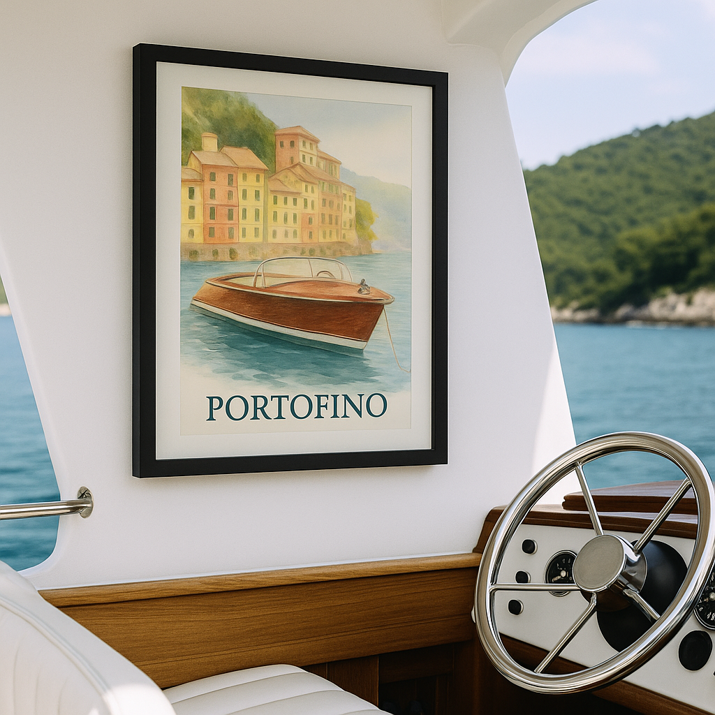 Portofino Dreams – Framed Vertical Poster | Vintage Boat Watercolor Wall Art - Maison Nautique 