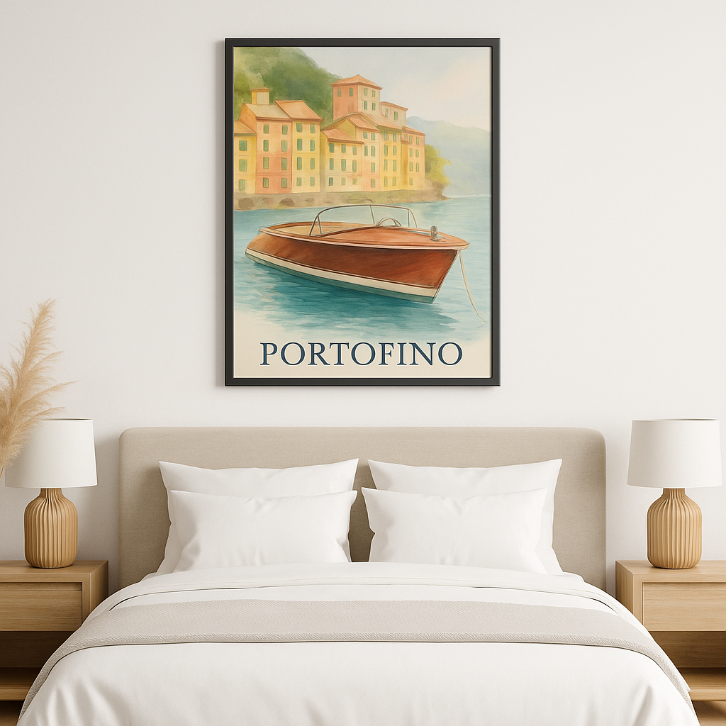 Portofino Dreams – Framed Vertical Poster | Vintage Boat Watercolor Wall Art - Maison Nautique 